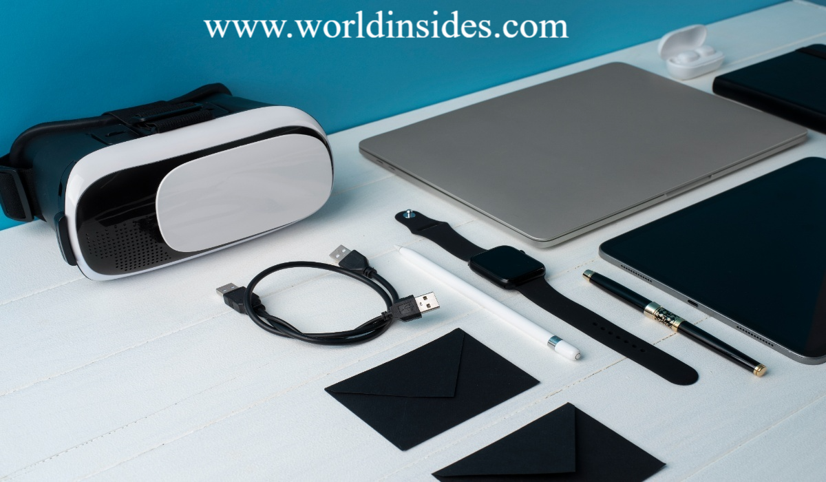Digital health devices: VR headset, smartwatch, laptop, tablet.